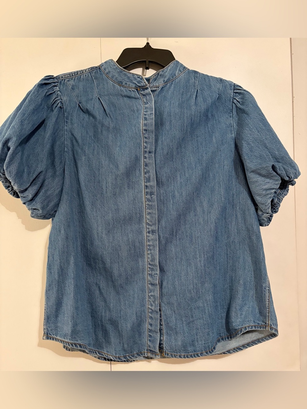 Denim Puff-Sleeve Blouse in Light Blue